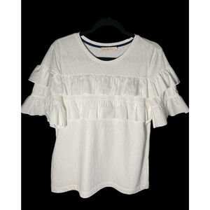 Tory Burch Womens Short Sleeve Ruffled Round Neck Shirt White Cotton Size L Top